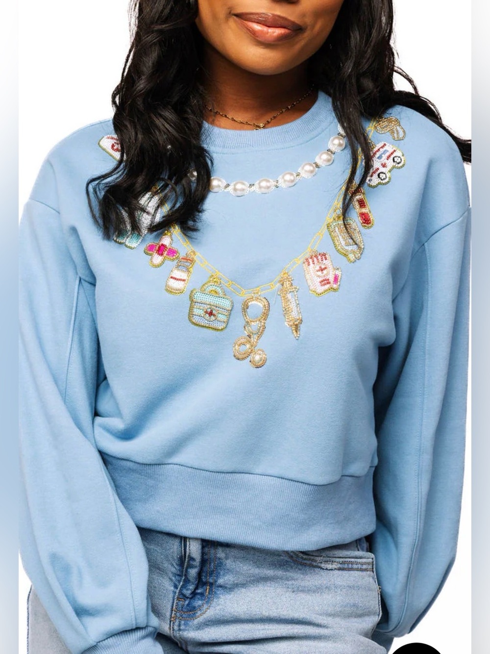New! QUEEN OF SPARKLES Blue Sequin Medical Supply Necklace Sweatshirt - Picture 2 of 9